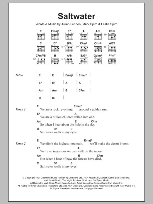 Learn to play Julian Lennon Saltwater sheet music for Guitar Chords/Lyrics in minutes. Price: 4.4900$ Julian Lennon Saltwater sheet music notes and chords arranged for Guitar Chords/Lyrics