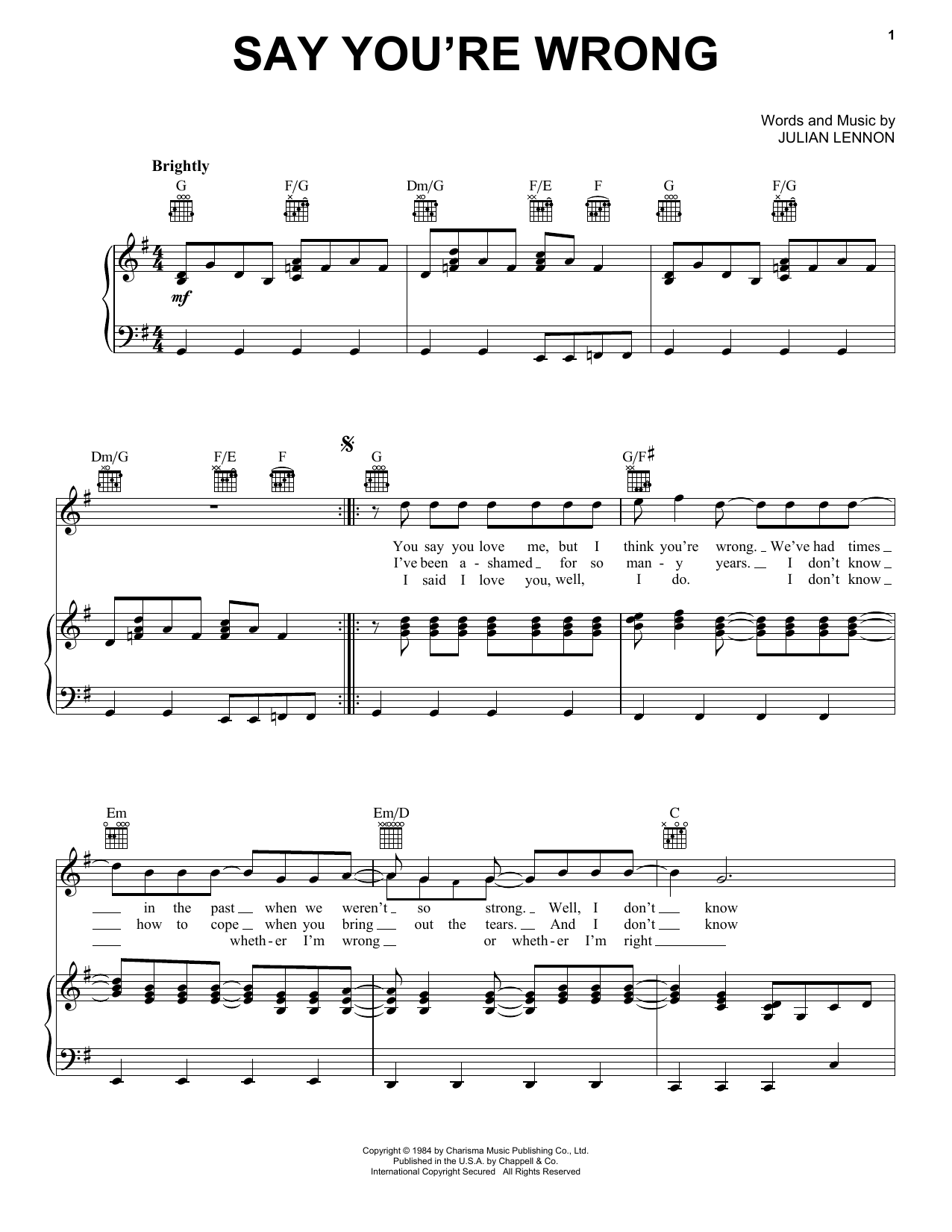 Julian Lennon Say You're Wrong sheet music notes and chords. Download Printable PDF.