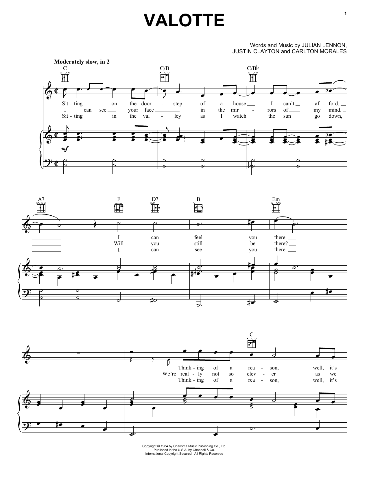 Julian Lennon Valotte sheet music notes and chords. Download Printable PDF.