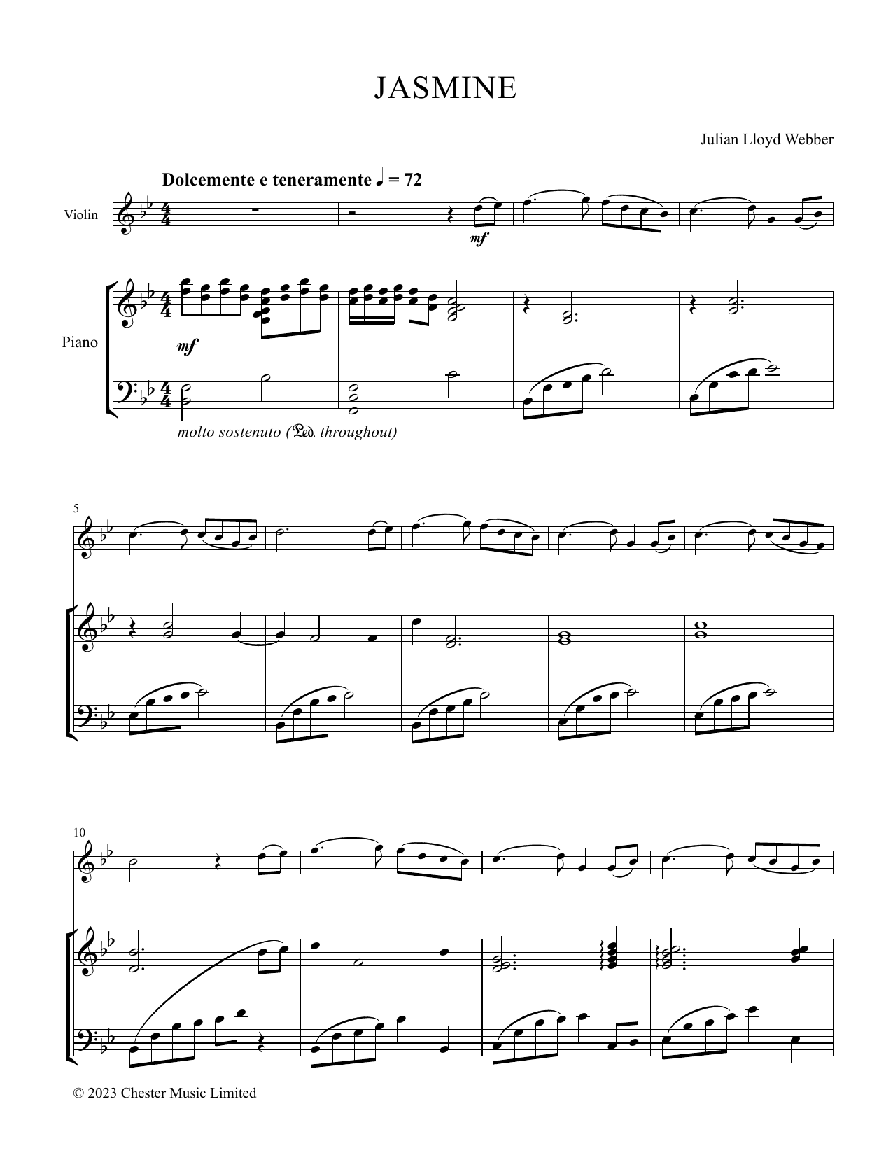 Julian Lloyd Webber Jasmine sheet music notes and chords arranged for Violin and Piano