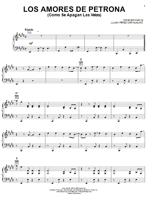 Learn to play Julian Perez Carvajalino Los Amores De Petrona (Como Se Apagan Las Velas) sheet music for Piano, Vocal & Guitar Chords (Right-Hand Melody) in minutes. Price: 7.8900$ Julian Perez Carvajalino Los Amores De Petrona (Como Se Apagan Las Velas) sheet music notes and chords arranged for Piano, Vocal & Guitar Chords (Right-Hand Melody)
