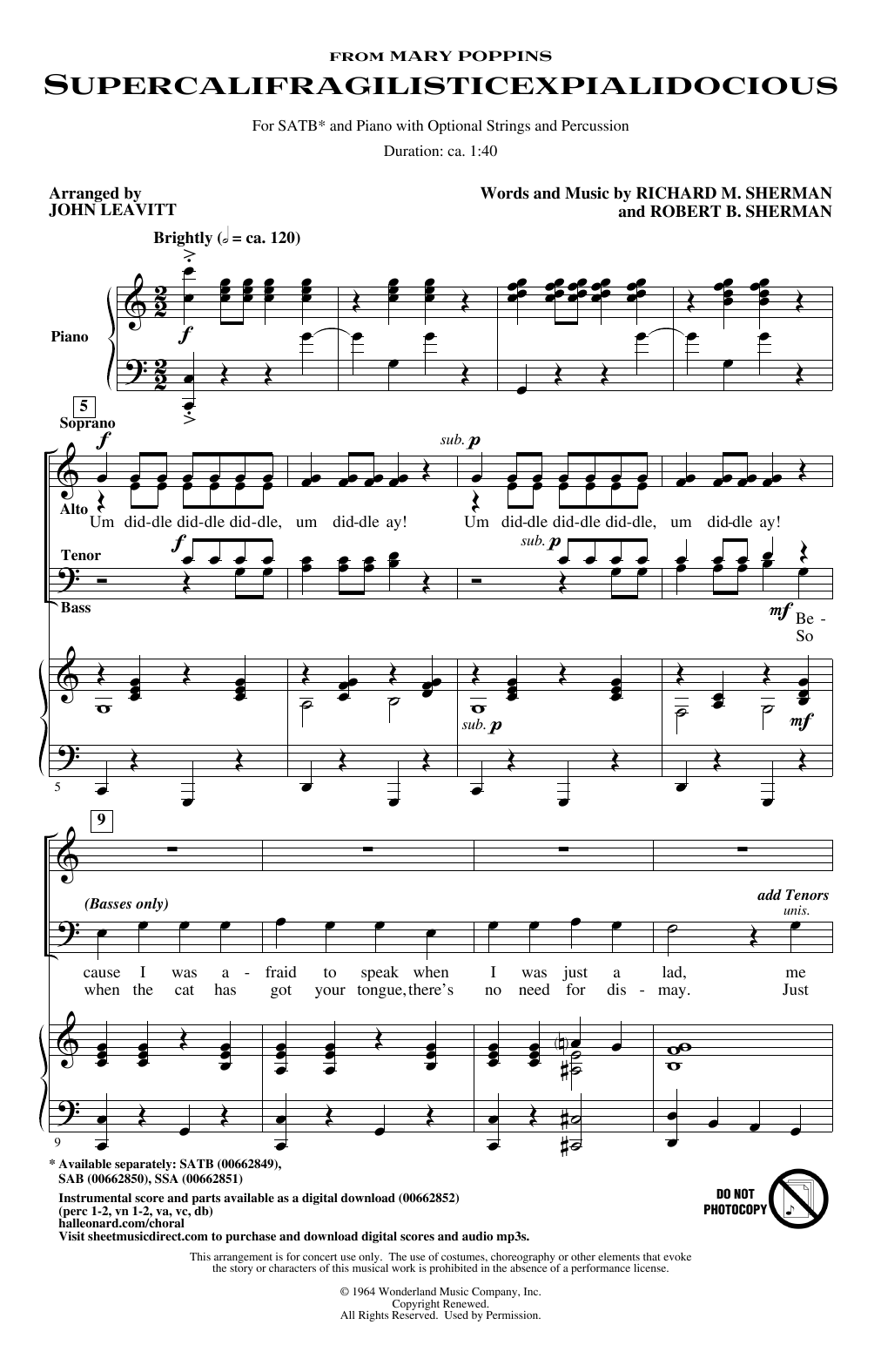 Julie Andrews Supercalifragilisticexpialidocious (from Mary Poppins) (arr. John Leavitt) sheet music notes and chords. Download Printable PDF.