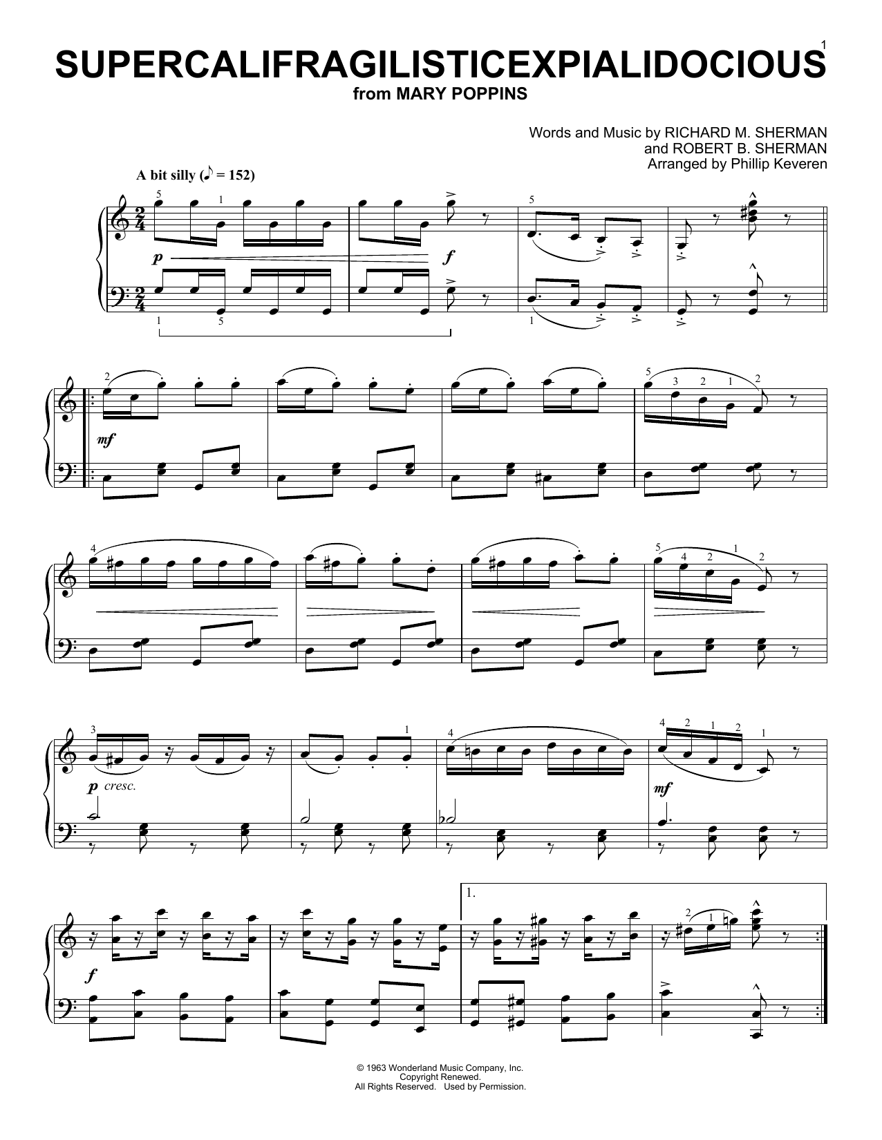 Sherman Brothers Supercalifragilisticexpialidocious [Ragtime version] (arr. Phillip Keveren) sheet music notes and chords. Download Printable PDF.