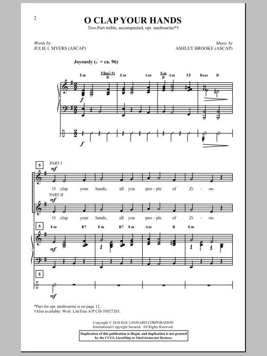 Learn to play Julie I. Myers O Clap Your Hands sheet music for 2-Part Choir in minutes. Price: 3.9900$ Julie I. Myers O Clap Your Hands sheet music notes and chords arranged for 2-Part Choir