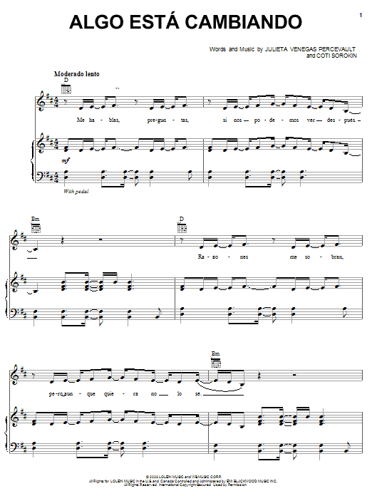 Learn to play Julieta Venegas Percevault Algo Esta Cambiando sheet music for Piano, Vocal & Guitar Chords (Right-Hand Melody) in minutes. Price: 7.8900$ Julieta Venegas Percevault Algo Esta Cambiando sheet music notes and chords arranged for Piano, Vocal & Guitar Chords (Right-Hand Melody)