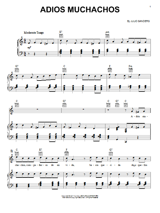 Julio Cesar Sanders Adios Muchachos (Farewell Boys) sheet music notes and chords. Download Printable PDF.