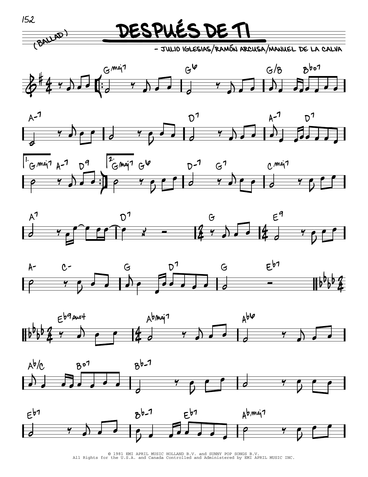 Julio Iglesias Despues De Ti sheet music notes and chords arranged for Real Book – Melody & Chords