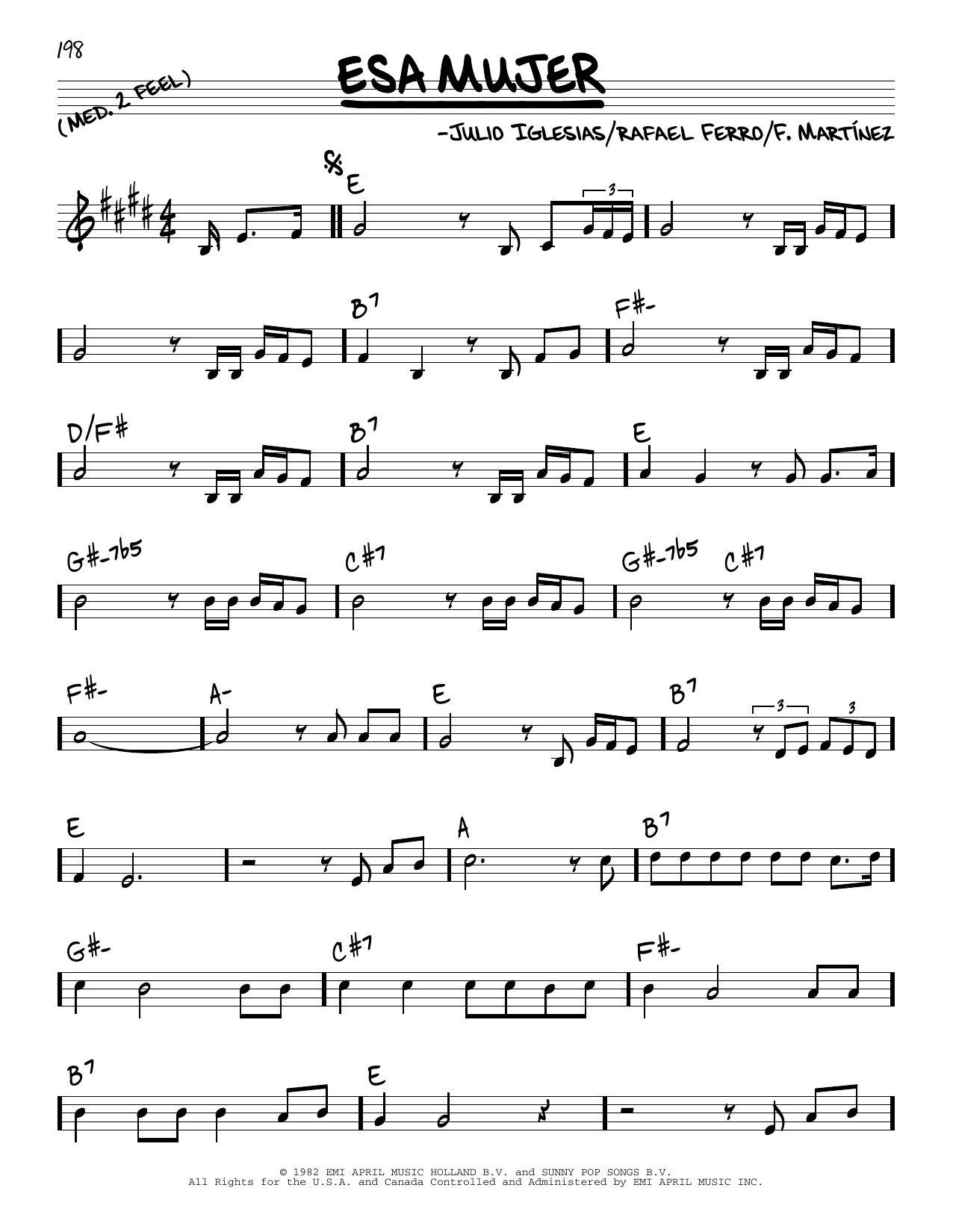 Learn to play Julio Iglesias Esa Mujer sheet music for Real Book – Melody & Chords in minutes. Price: 5.9900$ Julio Iglesias Esa Mujer sheet music notes and chords arranged for Real Book – Melody & Chords
