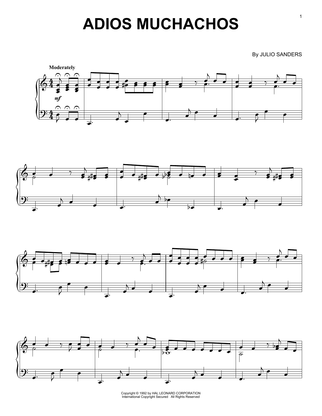 Julio Sanders Adios Muchachos sheet music notes and chords arranged for Piano Solo