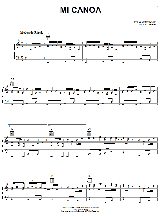 Learn to play Julio Torres Mi Canoa sheet music for Piano, Vocal & Guitar Chords (Right-Hand Melody) in minutes. Price: 7.8900$ Julio Torres Mi Canoa sheet music notes and chords arranged for Piano, Vocal & Guitar Chords (Right-Hand Melody)