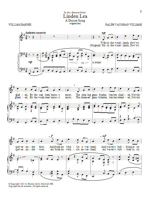 Julius Harrison Linden Lea sheet music notes and chords. Download Printable PDF.