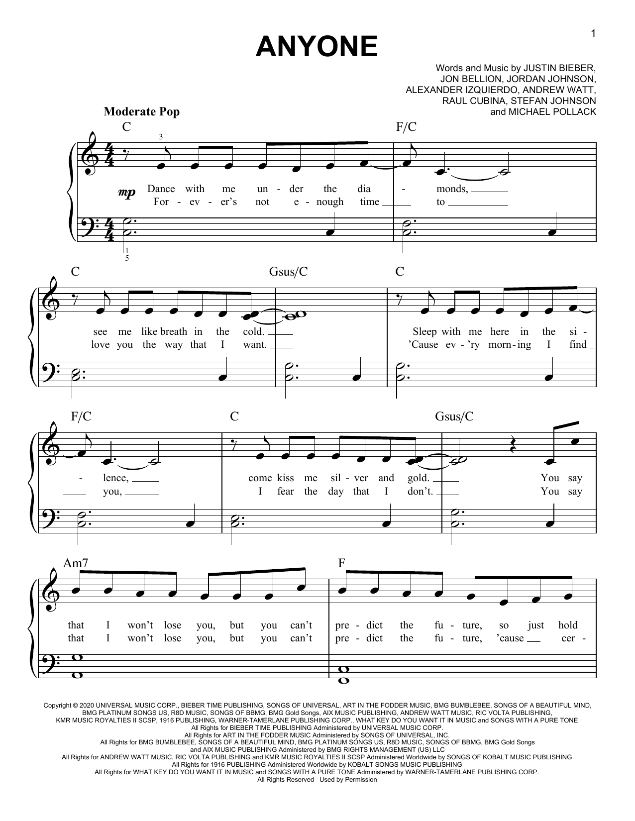 Justin Bieber Anyone sheet music notes and chords. Download Printable PDF.