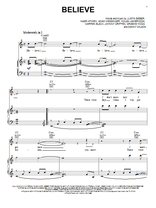 Justin Bieber Believe sheet music notes and chords arranged for Piano, Vocal & Guitar Chords (Right-Hand Melody)
