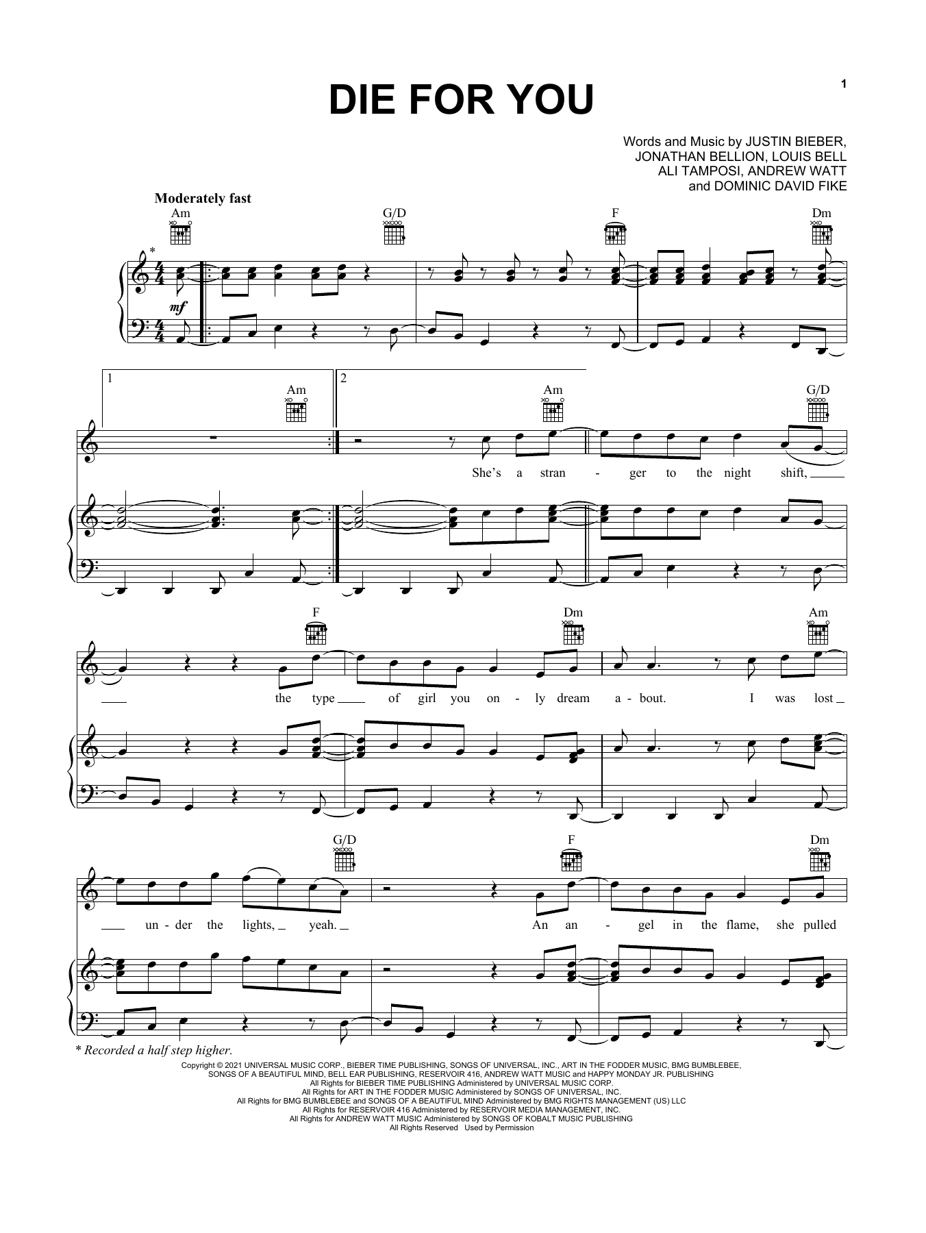 Learn to play Justin Bieber Die For You (feat. Dominic Fike) sheet music for Piano, Vocal & Guitar Chords (Right-Hand Melody) in minutes. Price: 7.8900$ Justin Bieber Die For You (feat. Dominic Fike) sheet music notes and chords arranged for Piano, Vocal & Guitar Chords (Right-Hand Melody)