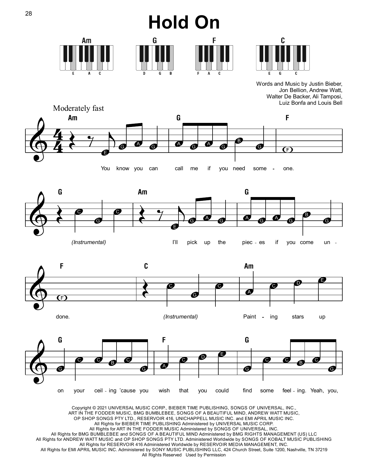 Justin Bieber Hold On sheet music notes and chords. Download Printable PDF.