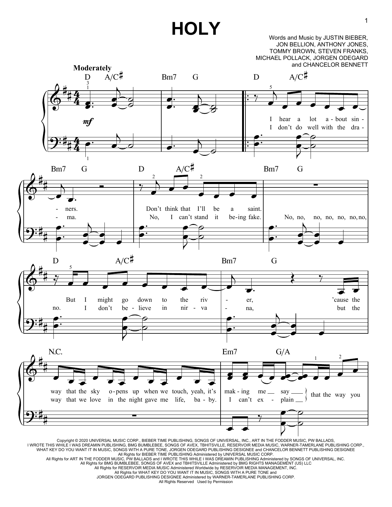 Justin Bieber Holy (feat. Chance the Rapper) sheet music notes and chords. Download Printable PDF.