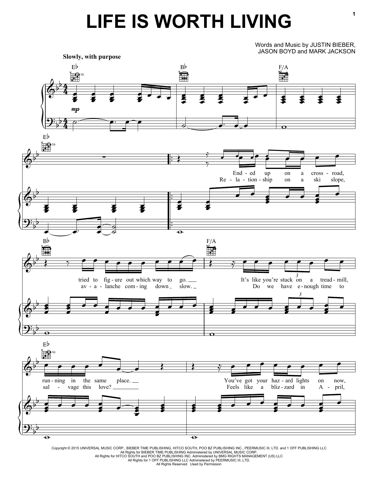 Justin Bieber Life Is Worth Living sheet music notes and chords. Download Printable PDF.