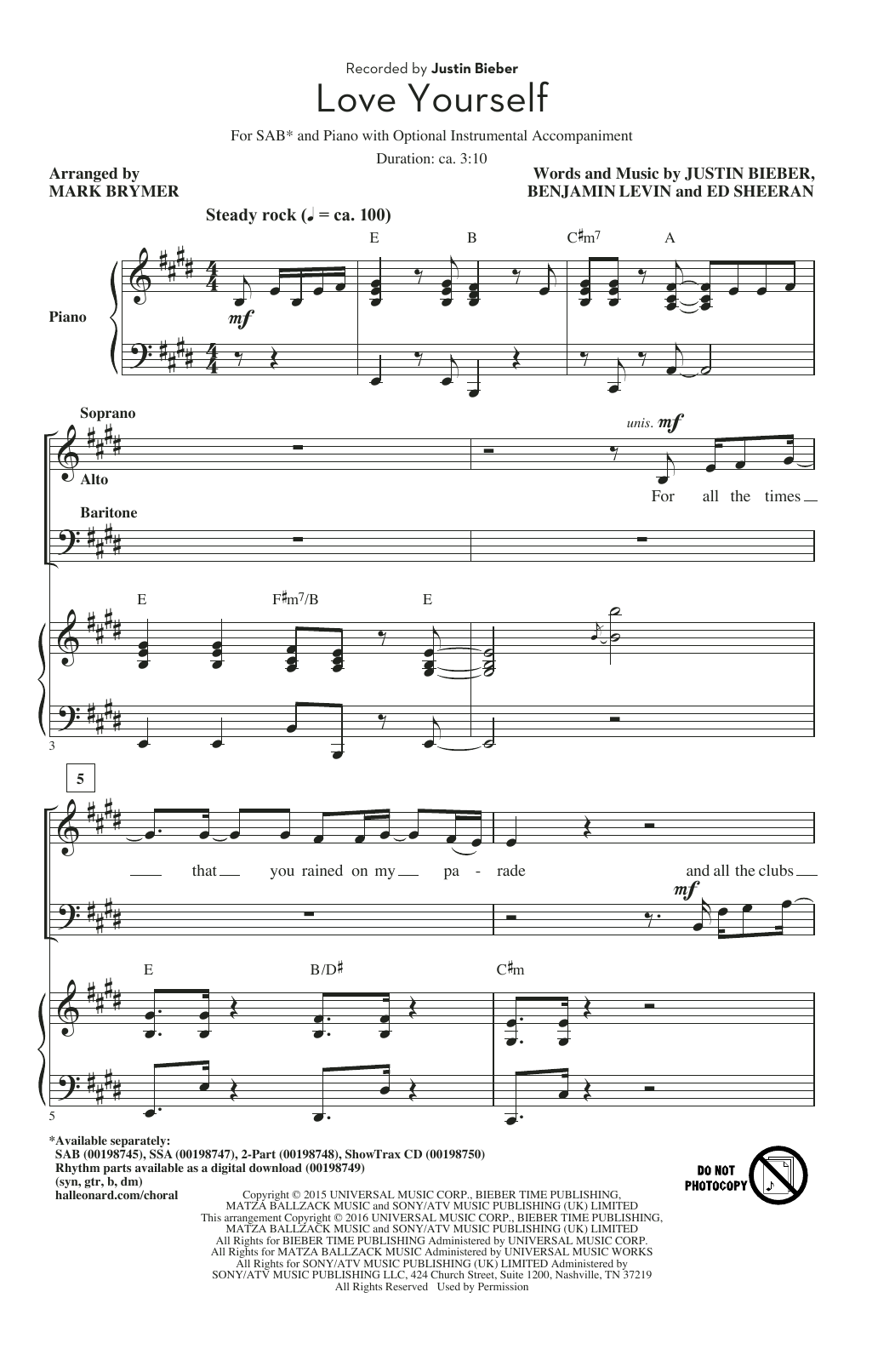 Mark Brymer Love Yourself sheet music notes and chords arranged for SAB Choir