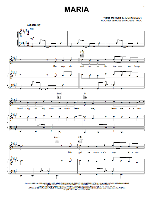 Learn to play Justin Bieber Maria sheet music for Piano, Vocal & Guitar Chords (Right-Hand Melody) in minutes. Price: 7.8900$ Justin Bieber Maria sheet music notes and chords arranged for Piano, Vocal & Guitar Chords (Right-Hand Melody)
