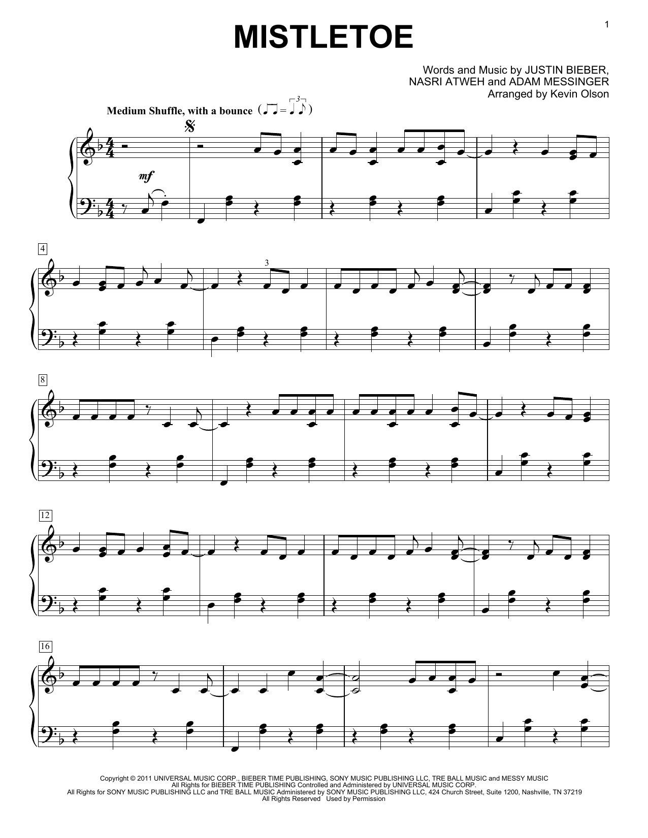 Justin Bieber Mistletoe (arr. Kevin Olson) sheet music notes and chords. Download Printable PDF.