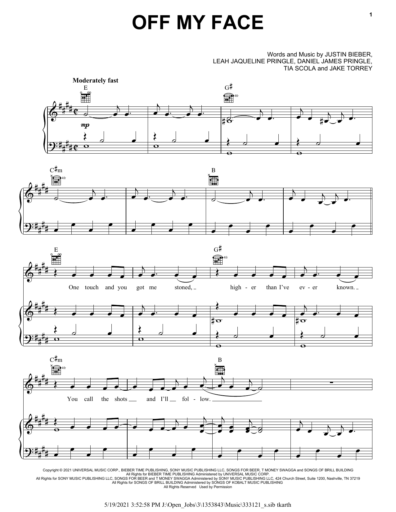 Learn to play Justin Bieber Off My Face sheet music for Piano, Vocal & Guitar Chords (Right-Hand Melody) in minutes. Price: 7.8900$ Justin Bieber Off My Face sheet music notes and chords arranged for Piano, Vocal & Guitar Chords (Right-Hand Melody)