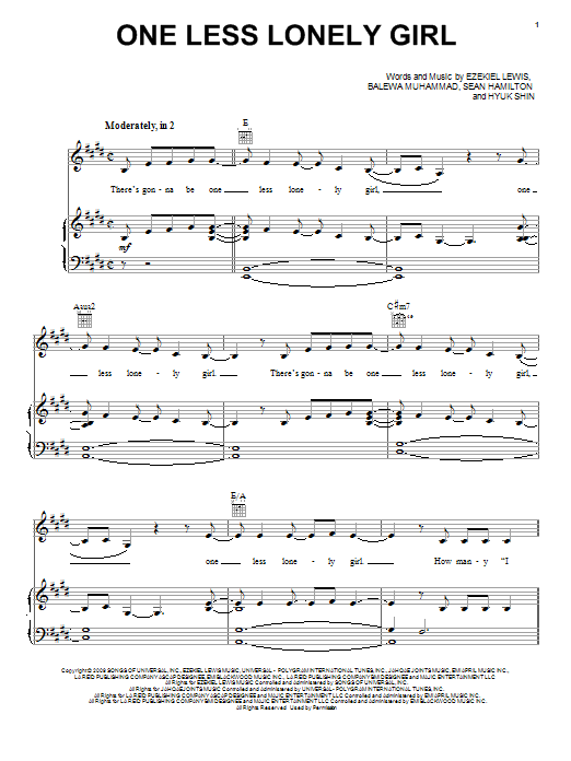 Justin Bieber One Less Lonely Girl sheet music notes and chords. Download Printable PDF.