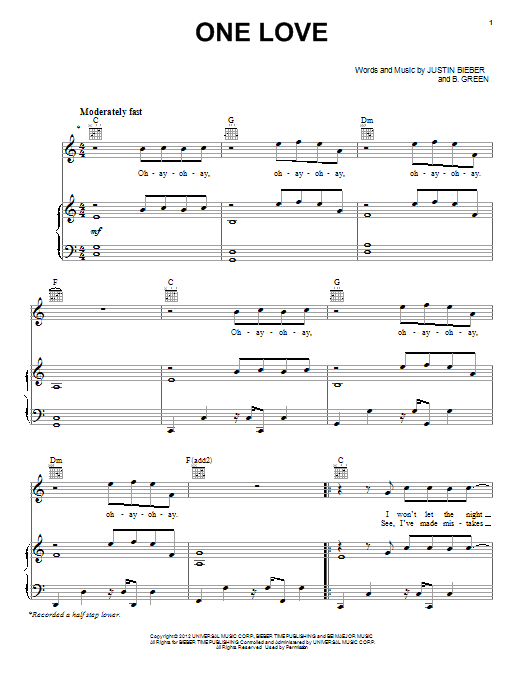 Justin Bieber One Love sheet music notes and chords arranged for Piano, Vocal & Guitar Chords (Right-Hand Melody)