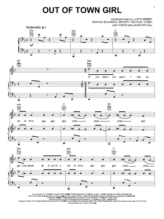 Learn to play Justin Bieber Out Of Town Girl sheet music for Piano, Vocal & Guitar Chords (Right-Hand Melody) in minutes. Price: 7.8900$ Justin Bieber Out Of Town Girl sheet music notes and chords arranged for Piano, Vocal & Guitar Chords (Right-Hand Melody)