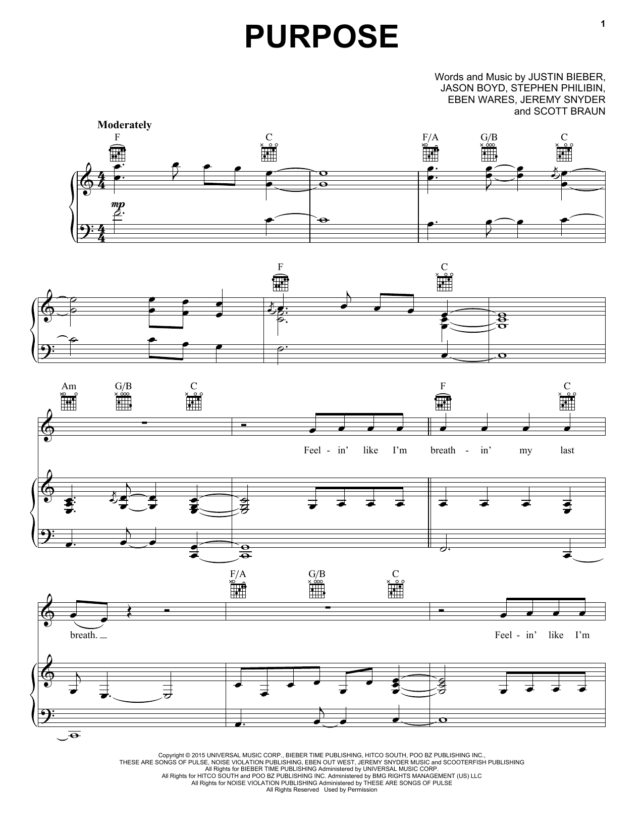 Justin Bieber Purpose sheet music notes and chords. Download Printable PDF.