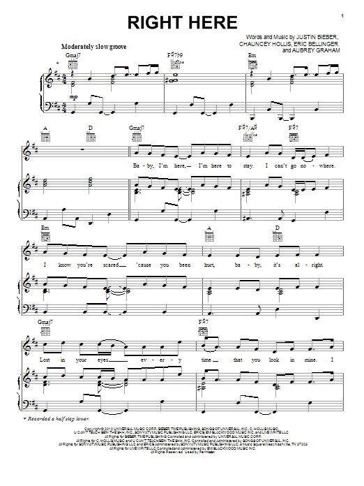 Learn to play Justin Bieber Right Here sheet music for Piano, Vocal & Guitar Chords (Right-Hand Melody) in minutes. Price: 7.8900$ Justin Bieber Right Here sheet music notes and chords arranged for Piano, Vocal & Guitar Chords (Right-Hand Melody)