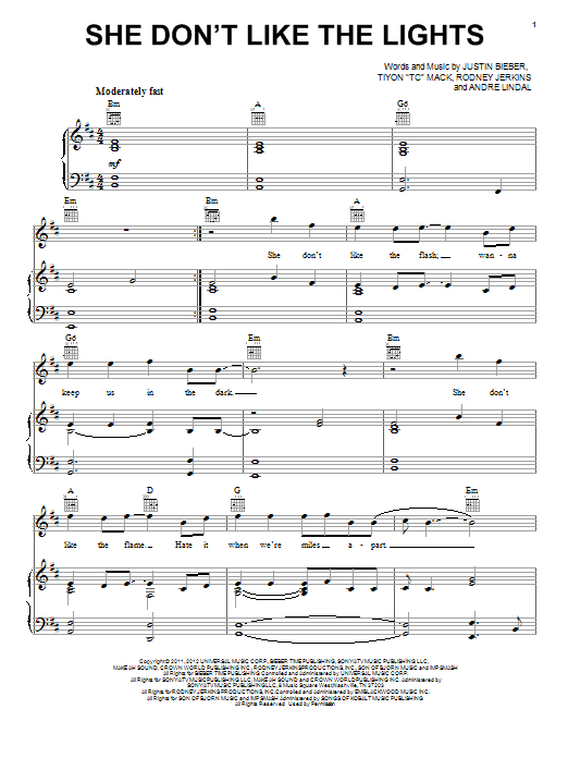 Justin Bieber She Don't Like The Lights sheet music notes and chords arranged for Piano, Vocal & Guitar Chords (Right-Hand Melody)