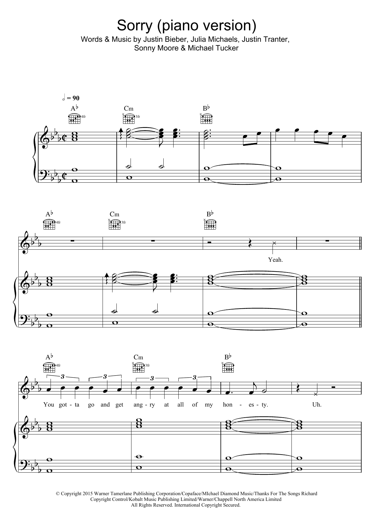 Justin Bieber Sorry (piano version) sheet music notes and chords. Download Printable PDF.