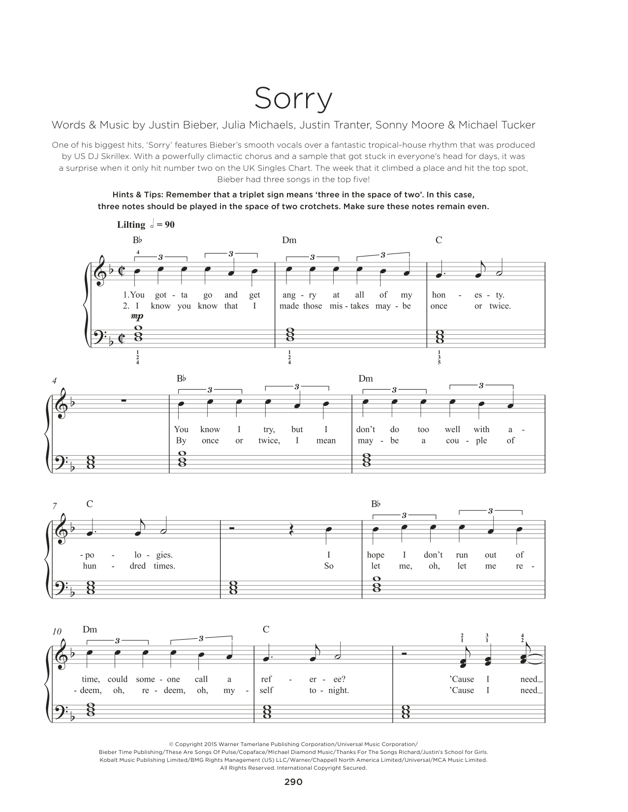 Justin Bieber Sorry sheet music notes and chords. Download Printable PDF.