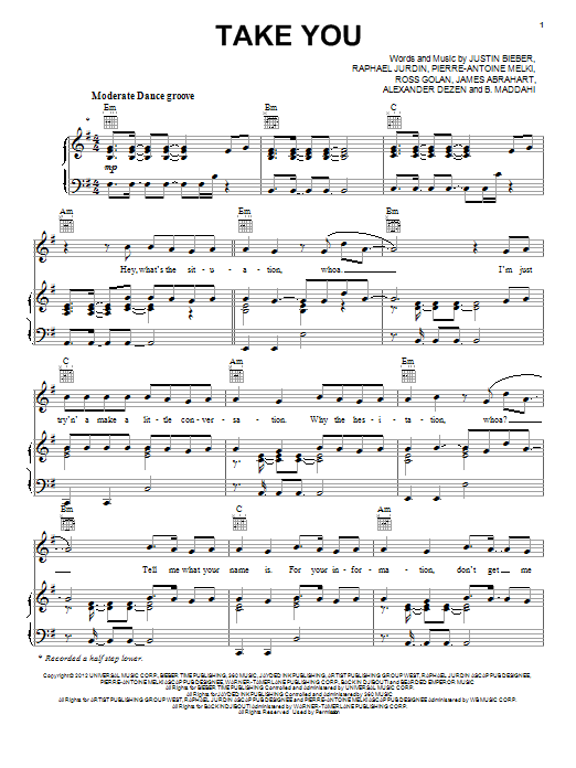 Justin Bieber Take You sheet music notes and chords arranged for Piano, Vocal & Guitar Chords (Right-Hand Melody)