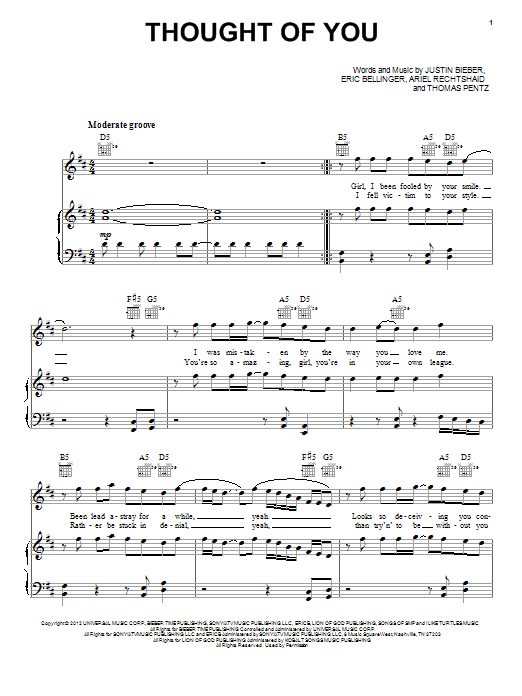 Learn to play Justin Bieber Thought Of You sheet music for Piano, Vocal & Guitar Chords (Right-Hand Melody) in minutes. Price: 7.8900$ Justin Bieber Thought Of You sheet music notes and chords arranged for Piano, Vocal & Guitar Chords (Right-Hand Melody)