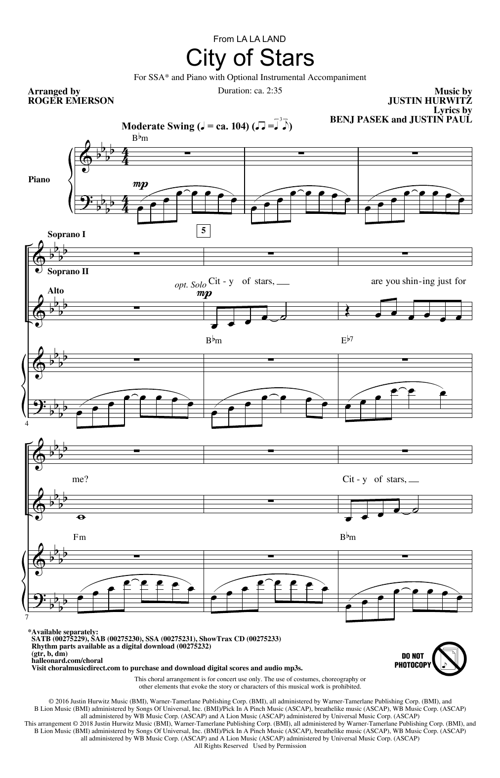 Justin Hurwitz City Of Stars (arr. Roger Emerson) sheet music notes and chords. Download Printable PDF.