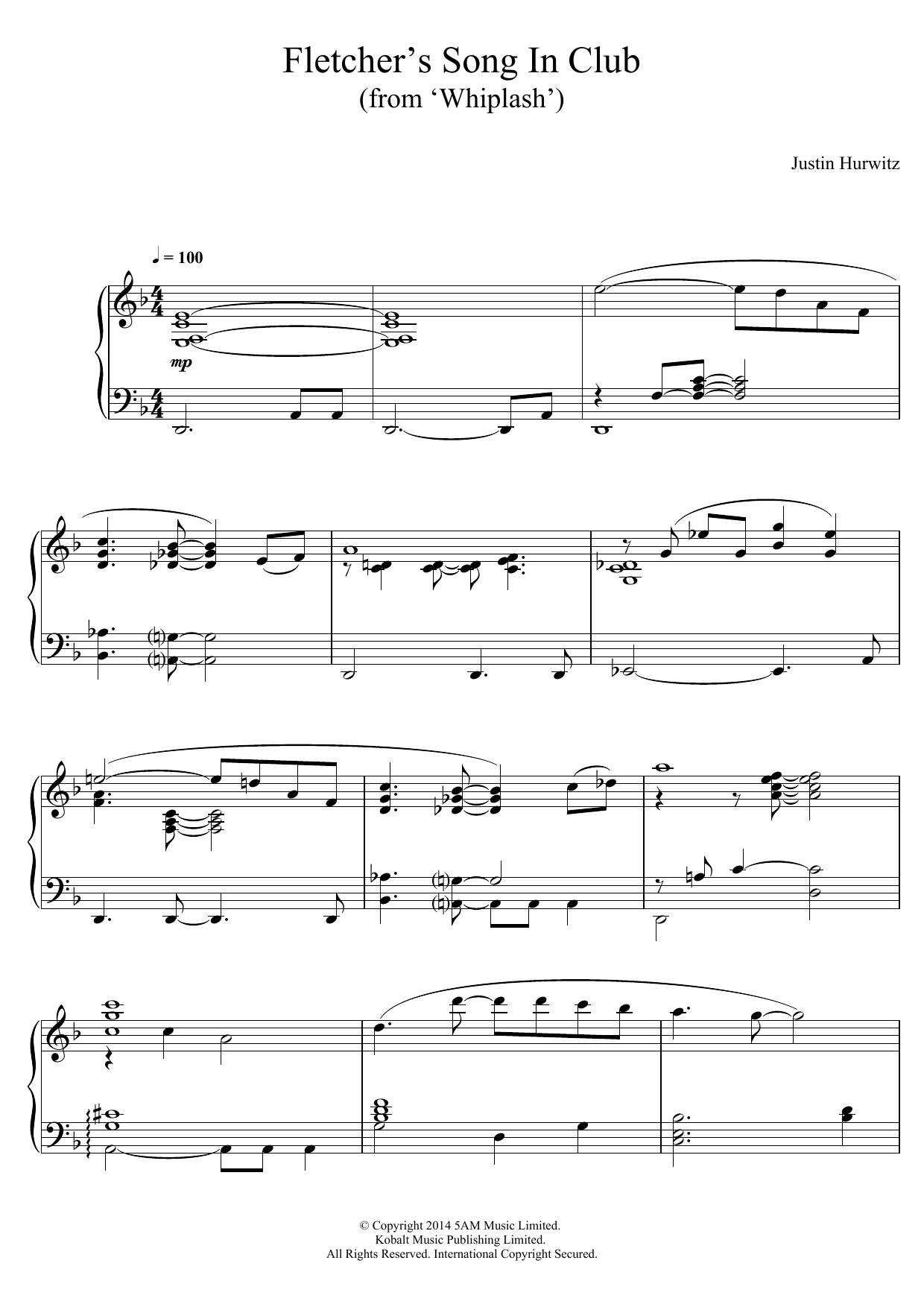 Justin Hurwitz Fletcher's Song In Club (from 'Whiplash') sheet music notes and chords. Download Printable PDF.