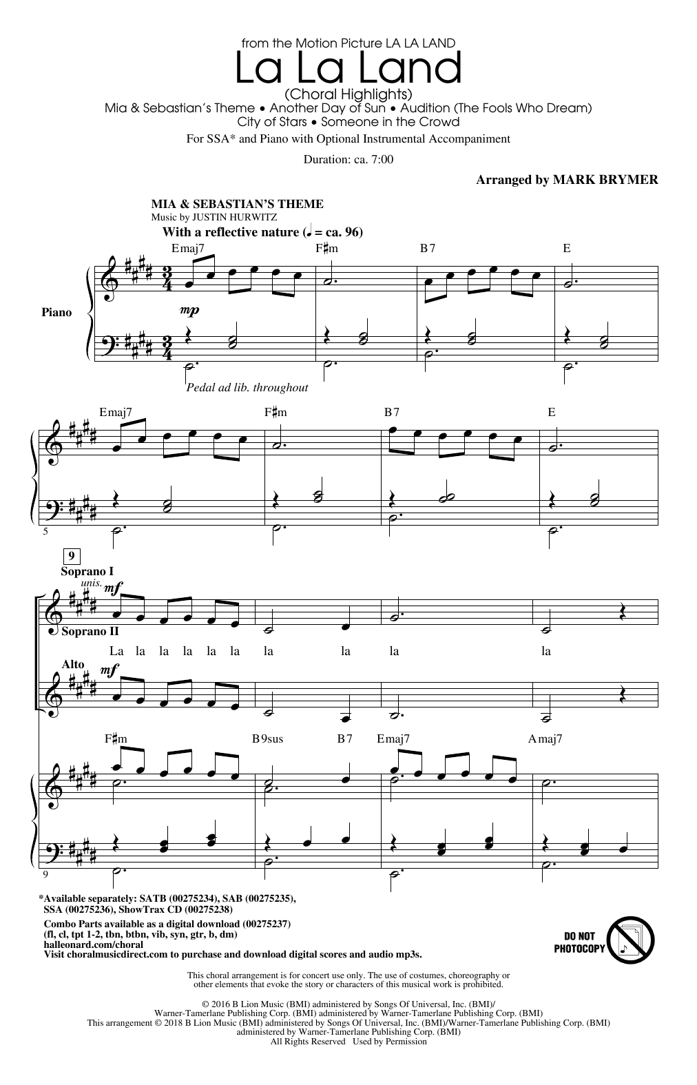 Justin Hurwitz La La Land: Choral Highlights (arr. Mark Brymer) sheet music notes and chords. Download Printable PDF.