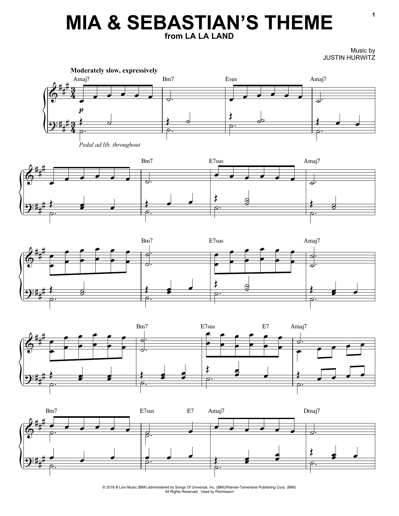 Justin Hurwitz Mia And Sebastian's Theme (from La La Land) sheet music notes and chords. Download Printable PDF.