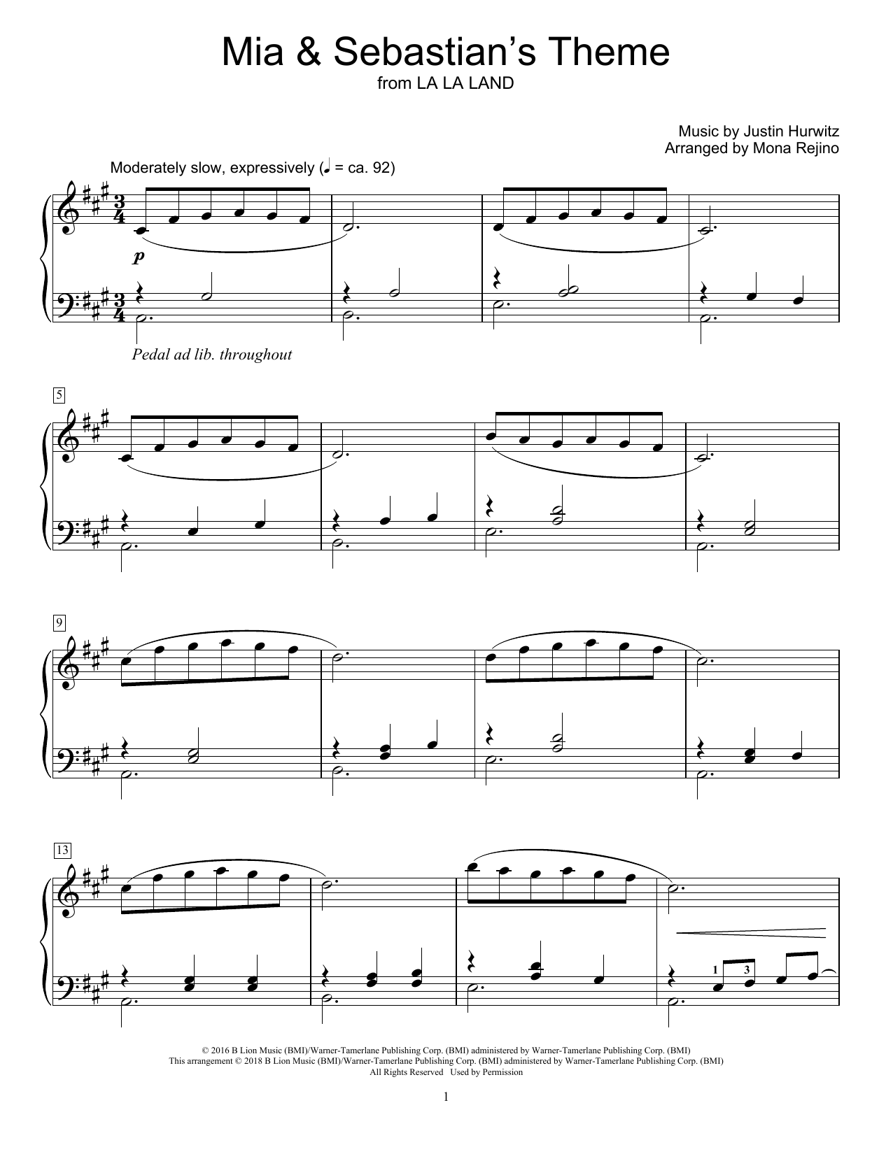 Justin Hurwitz Mia & Sebastian's Theme (from La La Land) (arr. Mona Rejino) sheet music notes and chords. Download Printable PDF.