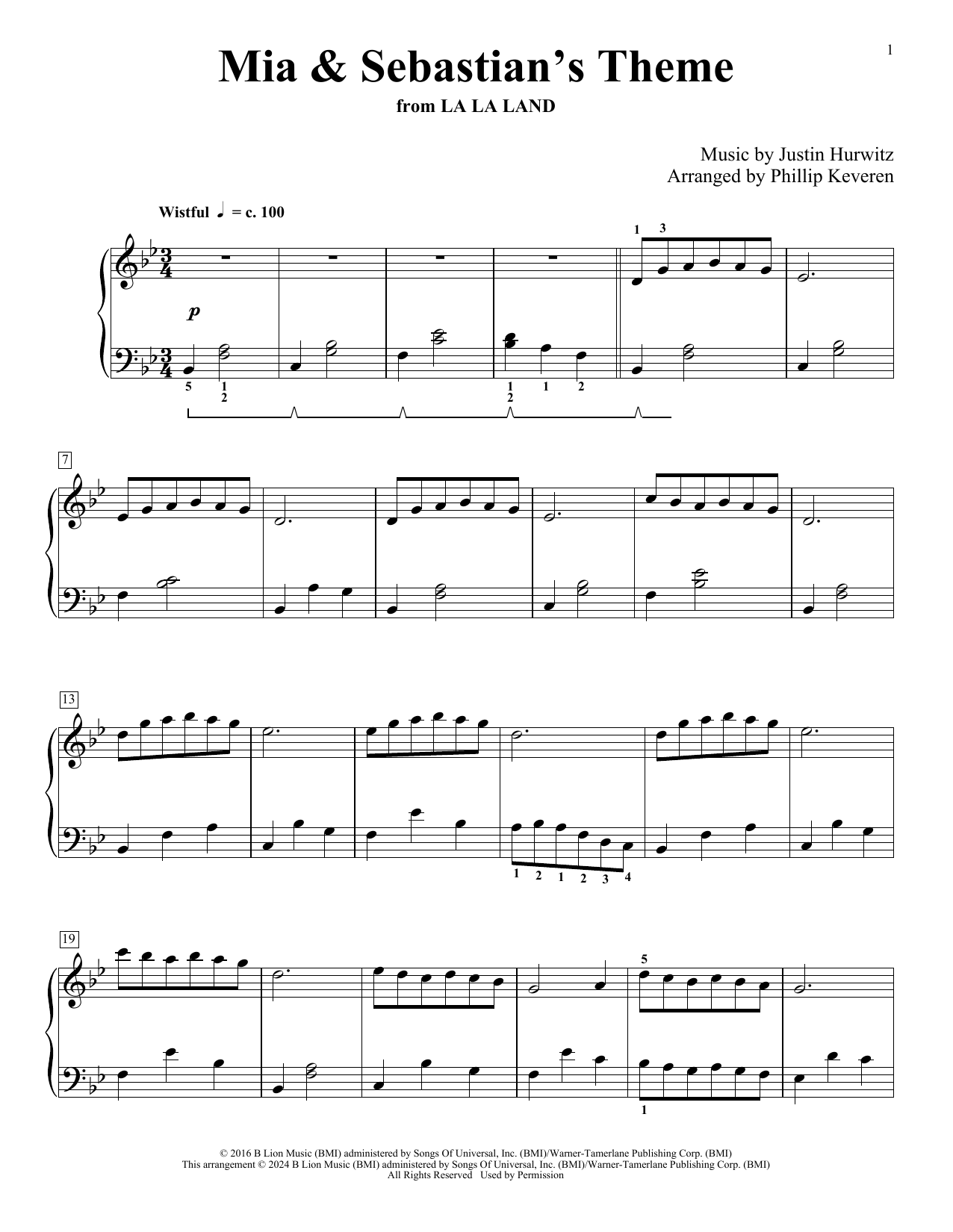 Justin Hurwitz Mia & Sebastian's Theme (from La La Land) (arr. Phillip Keveren) sheet music notes and chords. Download Printable PDF.