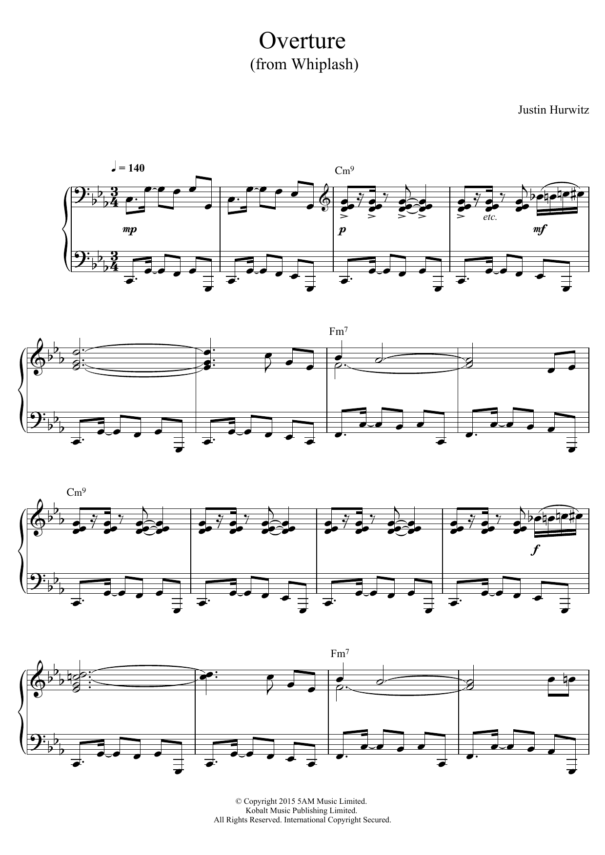 Justin Hurwitz Overture (from 'Whiplash') sheet music notes and chords. Download Printable PDF.