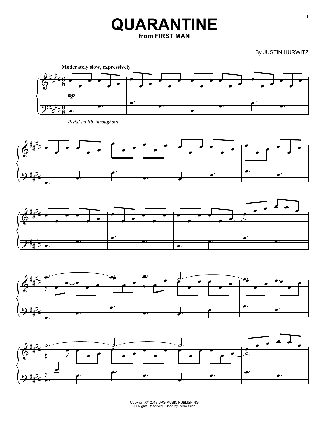 Learn to play Justin Hurwitz Quarantine (from First Man) sheet music for Piano Solo in minutes. Price: 6.9900$ Justin Hurwitz Quarantine (from First Man) sheet music notes and chords arranged for Piano Solo