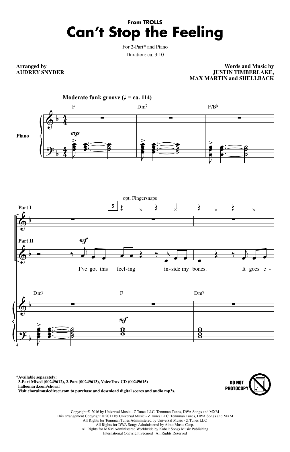 Justin Timberlake Can't Stop The Feeling (from Trolls) (arr. Audrey Snyder) sheet music notes and chords. Download Printable PDF.