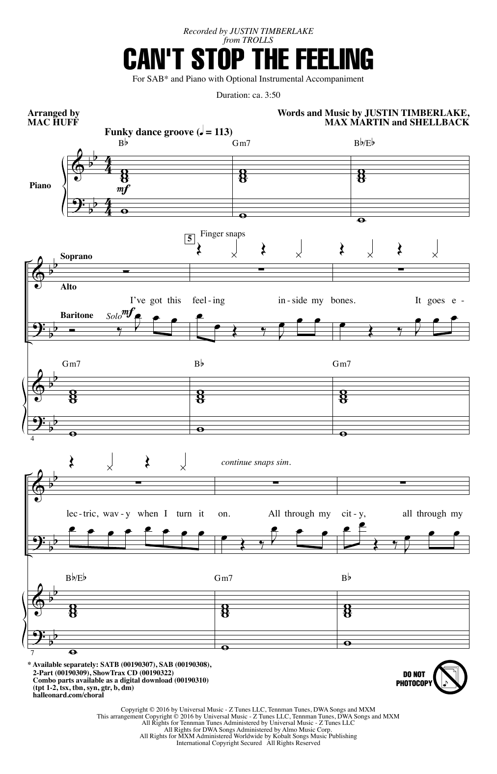 Justin Timberlake Can't Stop The Feeling (from Trolls) (arr. Mac Huff) sheet music notes and chords arranged for SAB Choir