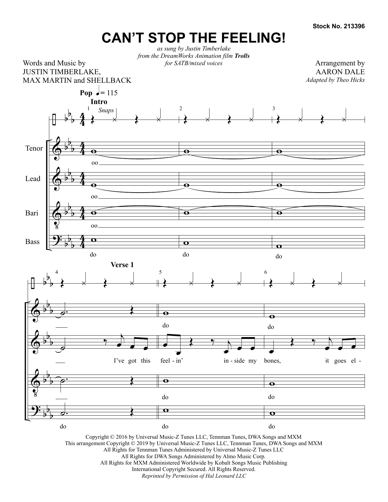 Learn to play Justin Timberlake Can't Stop The Feeling! (from Trolls) (arr. Aaron Dale) sheet music for SATB Choir in minutes. Price: 3.9900$ Justin Timberlake Can't Stop The Feeling! (from Trolls) (arr. Aaron Dale) sheet music notes and chords arranged for SATB Choir