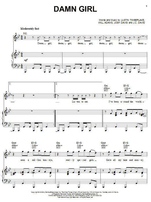 Justin Timberlake Damn Girl sheet music notes and chords arranged for Piano, Vocal & Guitar Chords (Right-Hand Melody)