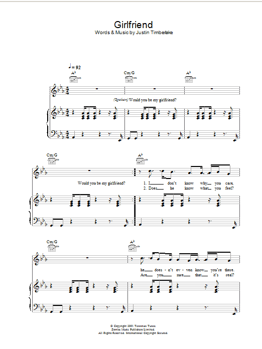 'N Sync Girlfriend sheet music notes and chords arranged for Piano, Vocal & Guitar Chords