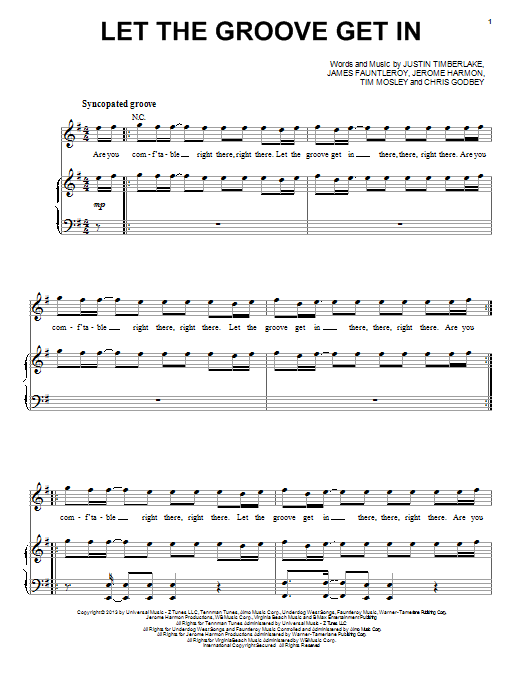 Learn to play Justin Timberlake Let The Groove Get In sheet music for Piano, Vocal & Guitar Chords (Right-Hand Melody) in minutes. Price: 7.8900$ Justin Timberlake Let The Groove Get In sheet music notes and chords arranged for Piano, Vocal & Guitar Chords (Right-Hand Melody)