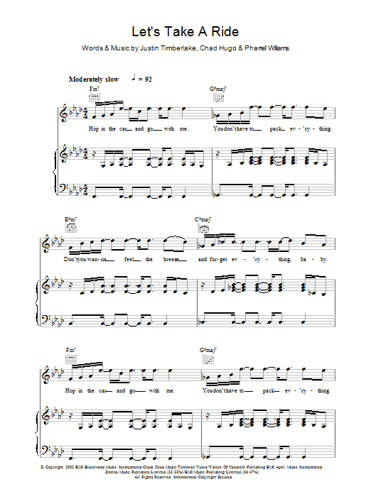Learn to play Justin Timberlake Let's Take A Ride sheet music for Piano, Vocal & Guitar Chords in minutes. Price: 7.8900$ Justin Timberlake Let's Take A Ride sheet music notes and chords arranged for Piano, Vocal & Guitar Chords